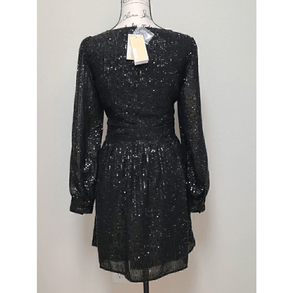 🖤✨ MICHAEL KORS Black Sequin Stripe Long Sleeve V-Neck Dress SIZE M $195 NWT - Picture 10 of 17